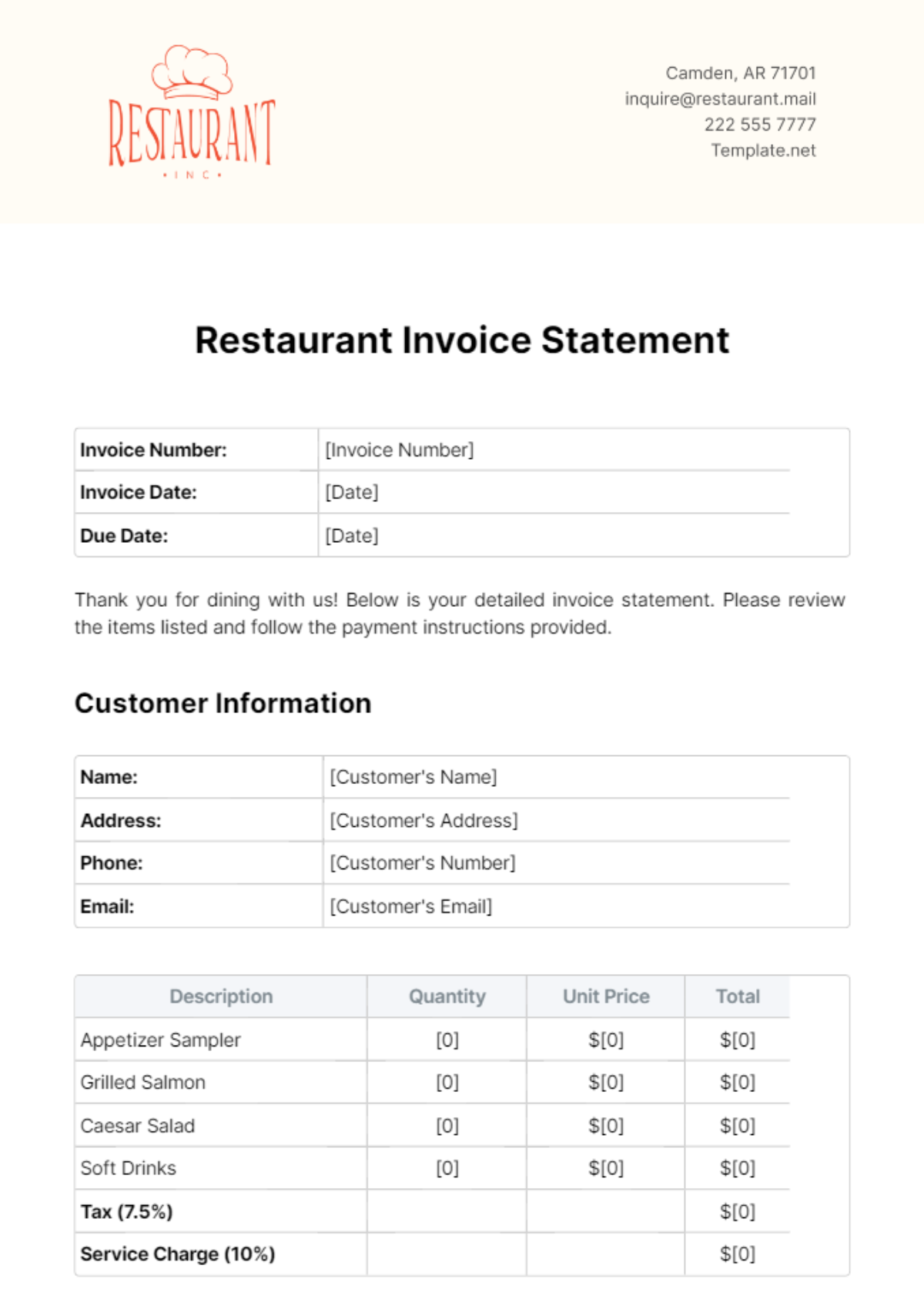 Restaurant Invoice Statement Template - Edit Online & Download