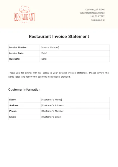 Free Restaurant Invoice Statement Template to Edit Online