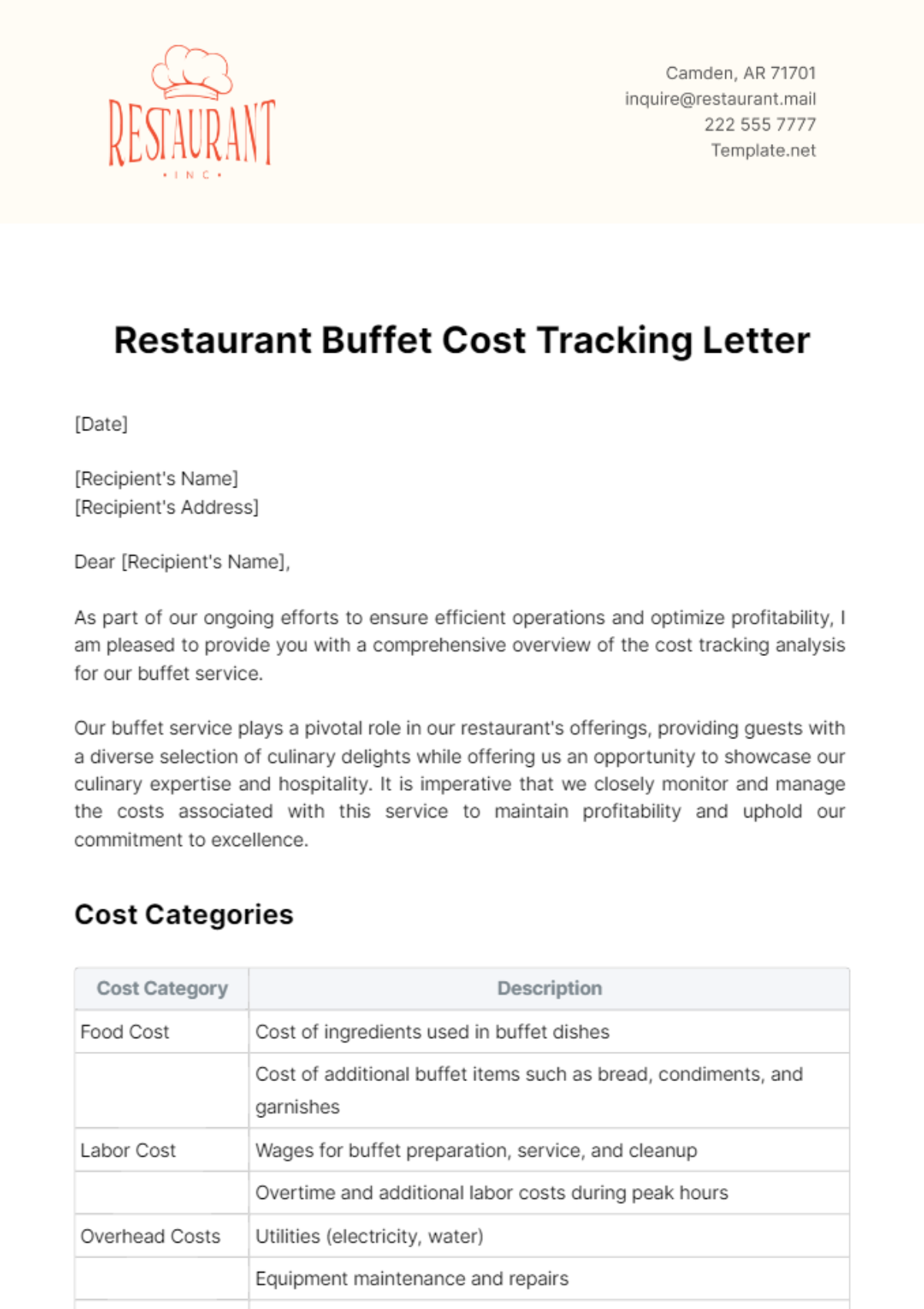 Restaurant Buffet Cost Tracking Letter Template - Edit Online & Download