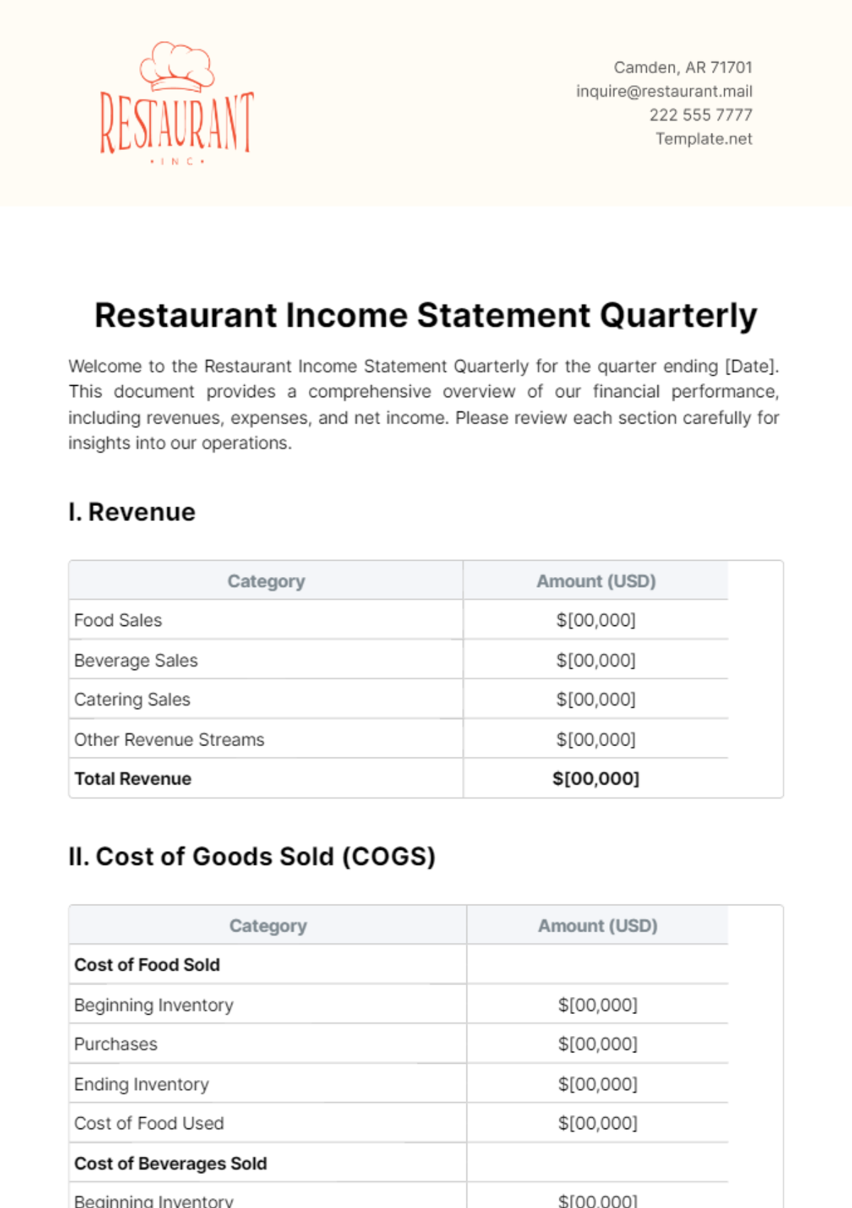 Restaurant Income Statement Quarterly Template - Edit Online & Download