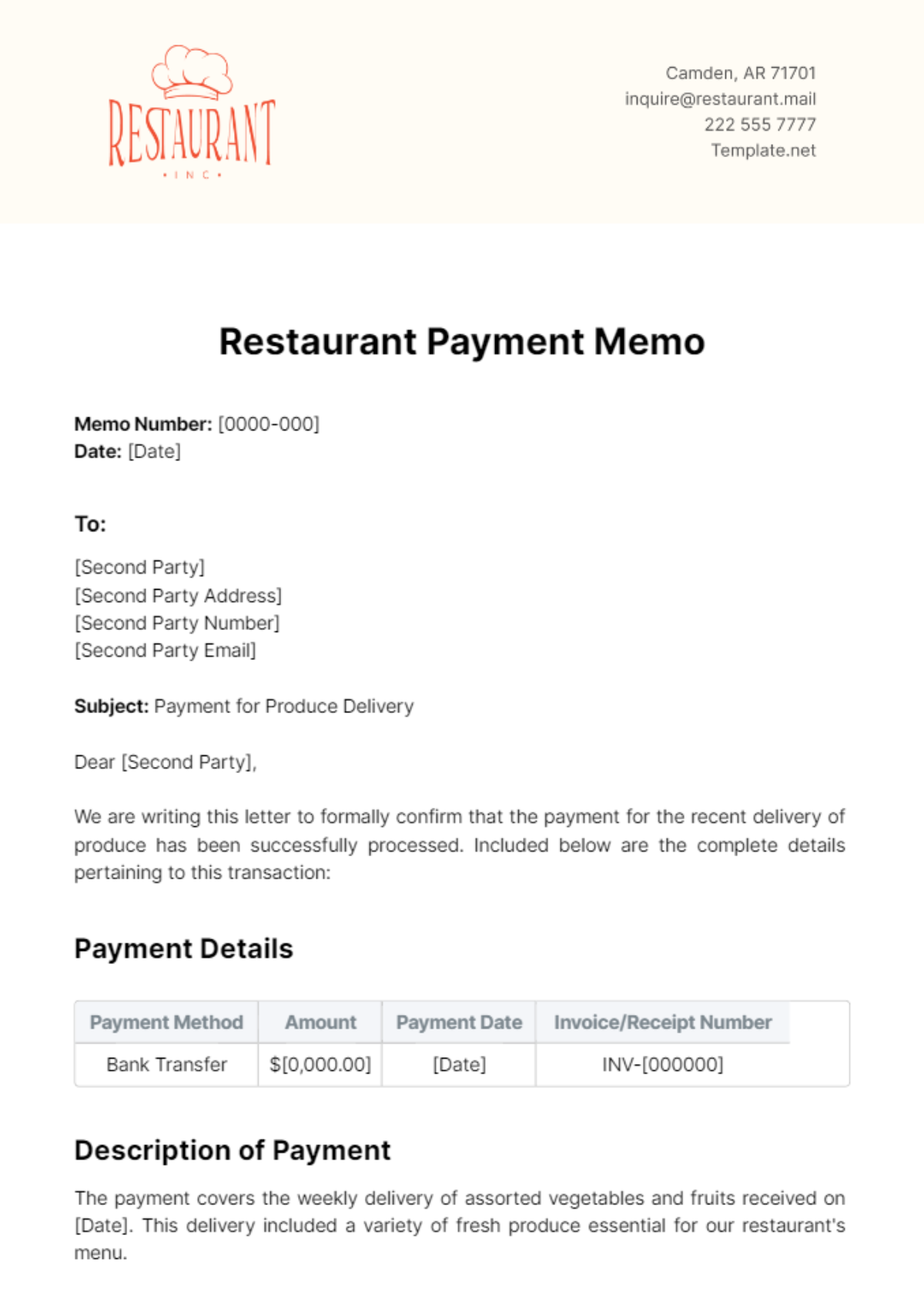 Restaurant Payment Memo Template - Edit Online & Download