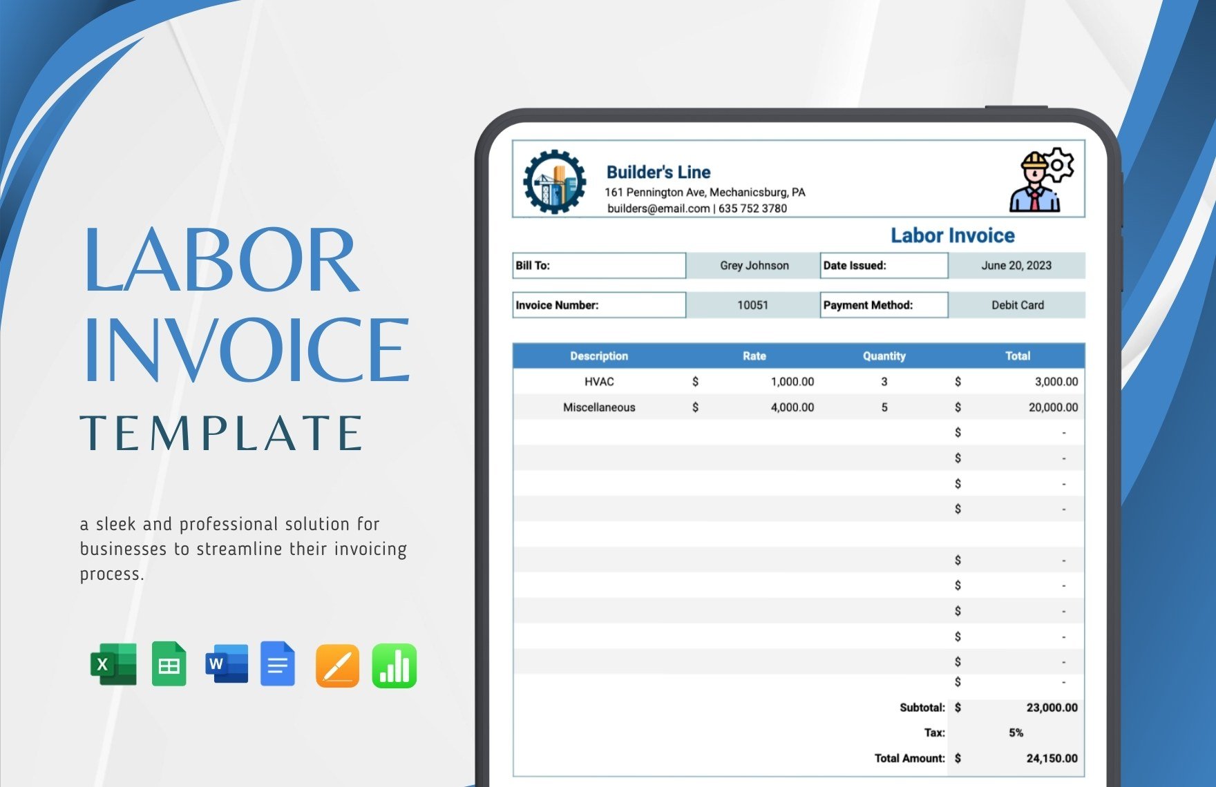 Labor Invoice Template in Word, Google Docs, Excel, Google Sheets, Apple Pages, Apple Numbers