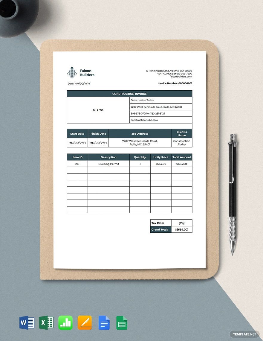 Construction Job Invoice Template in Google Sheets, Google Docs, Excel, Apple Numbers, Word, Pages - Download | Template.net