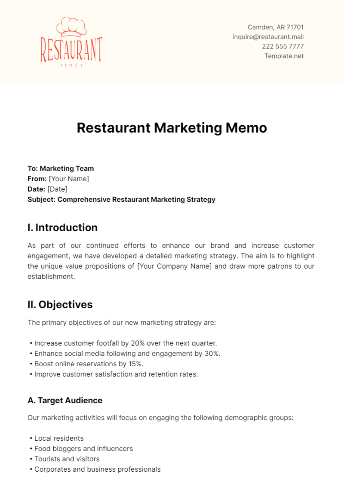 Restaurant Marketing Memo Template - Edit Online & Download