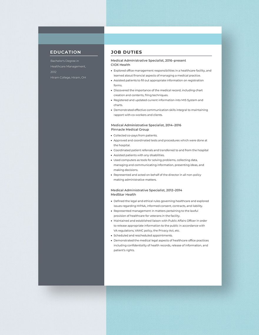Medical Administrative Specialist Resume in Pages Word Download