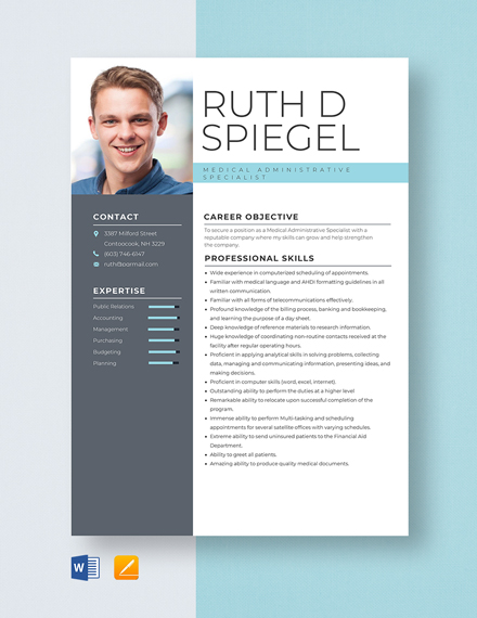 Medical Administrative Specialist Resume Template - Word, Apple Pages