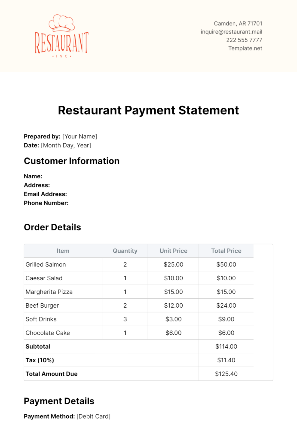 Restaurant Payment Statement Template - Edit Online & Download