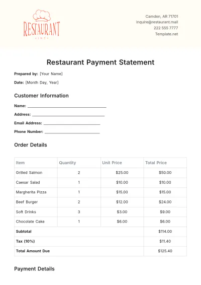 Free Restaurant Payment Statement Template to Edit Online