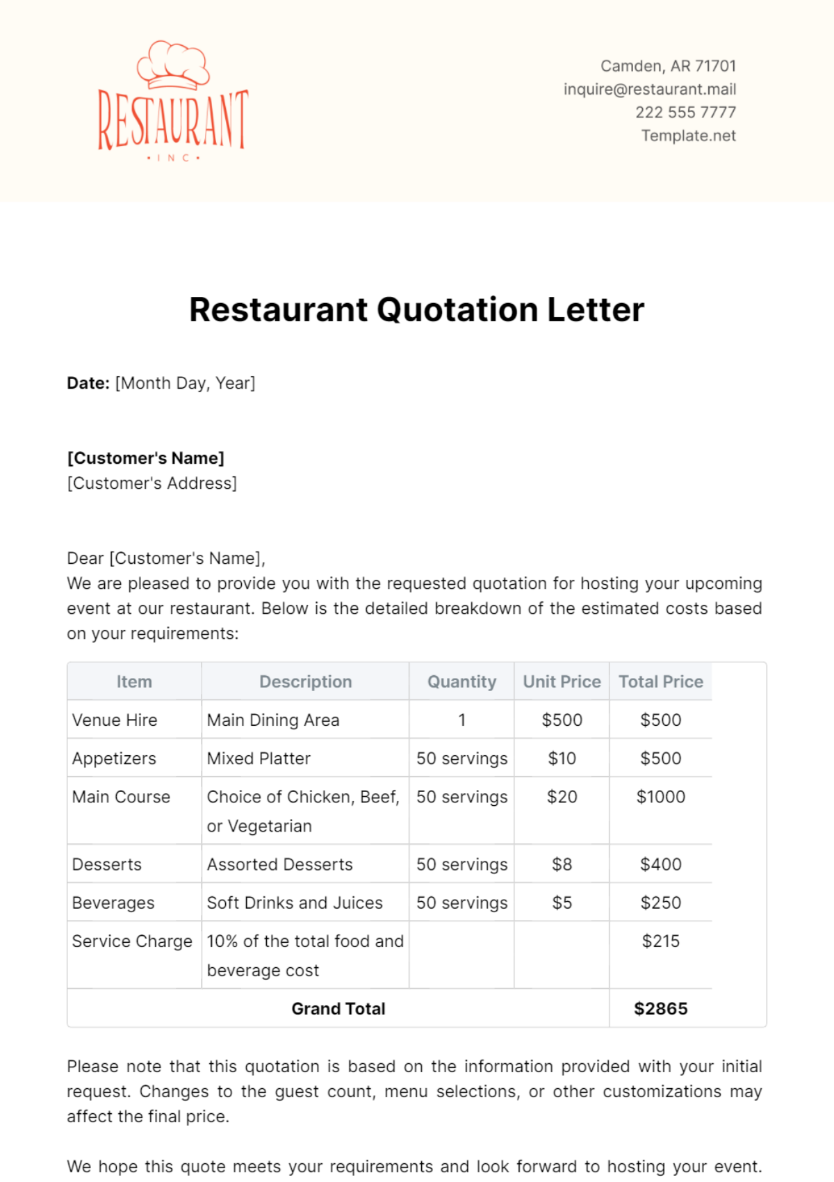 Restaurant Quotation Letter Template - Edit Online & Download