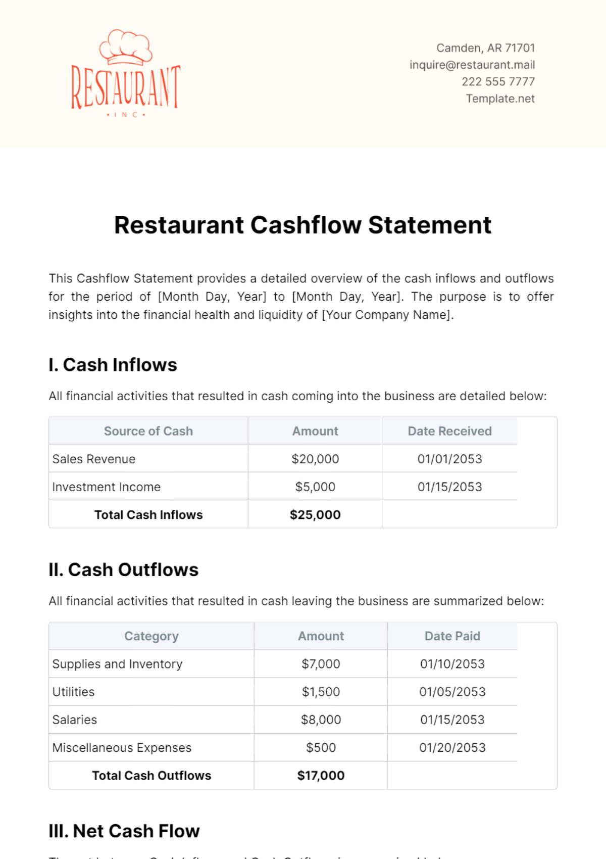 Restaurant Cashflow Statement Template - Edit Online & Download