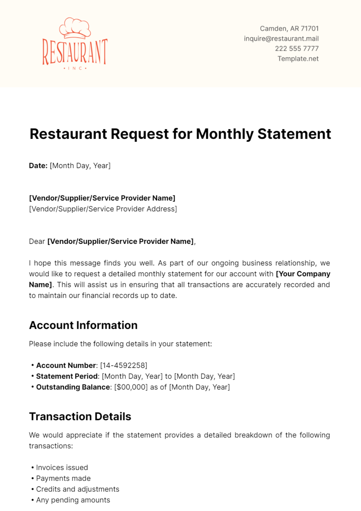 Restaurant Request for Monthly Statement Template - Edit Online & Download