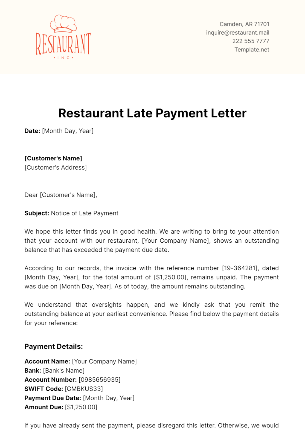 Restaurant Late Payment Letter Template - Edit Online & Download