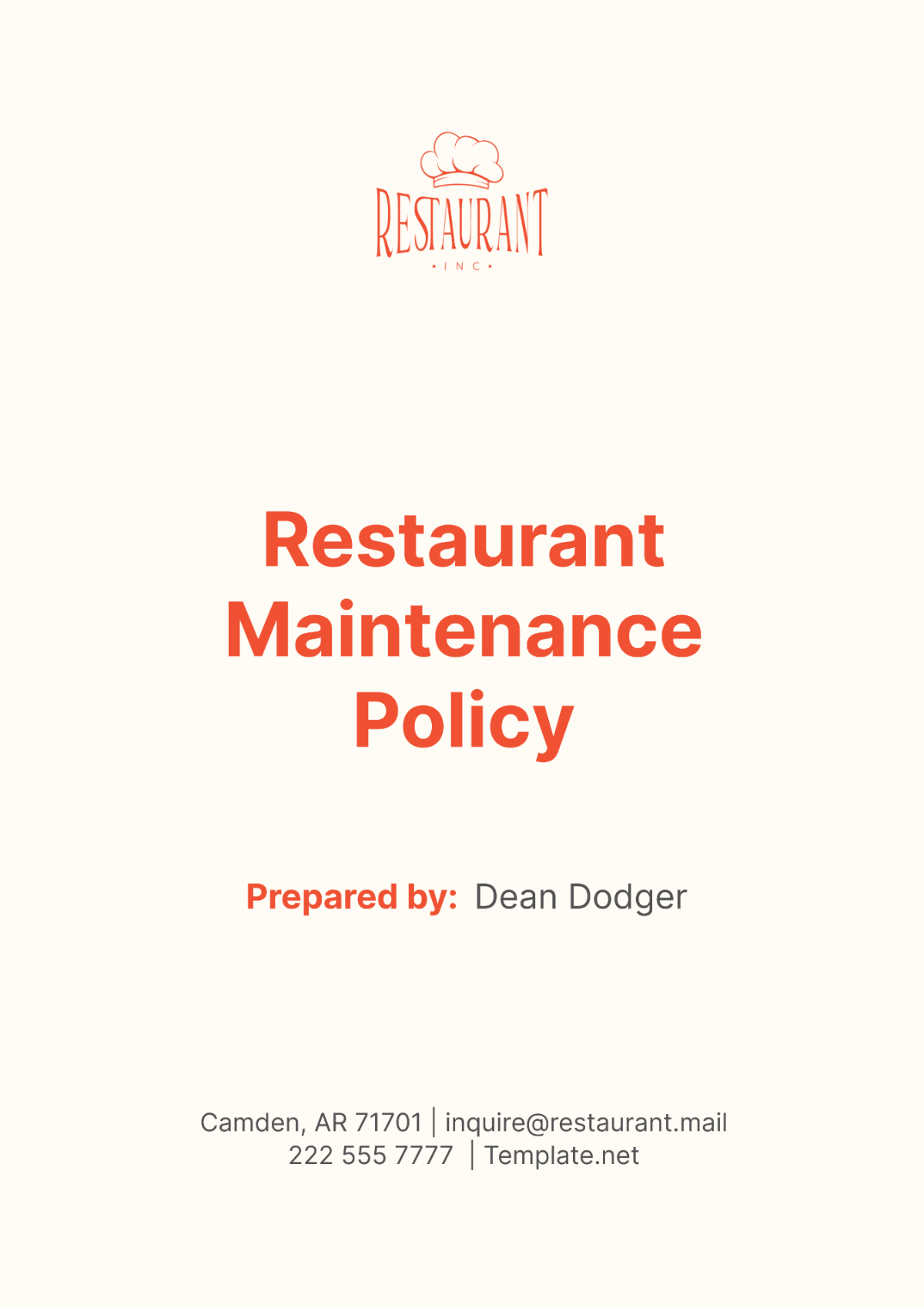 Restaurant Maintenance Policy Template - Edit Online & Download