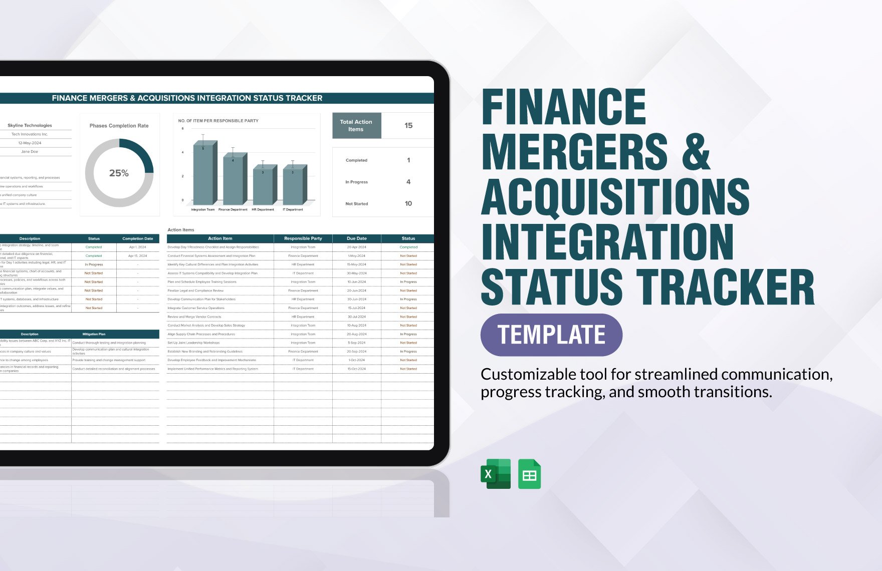 Finance Mergers & Acquisitions Integration Status Tracker Template