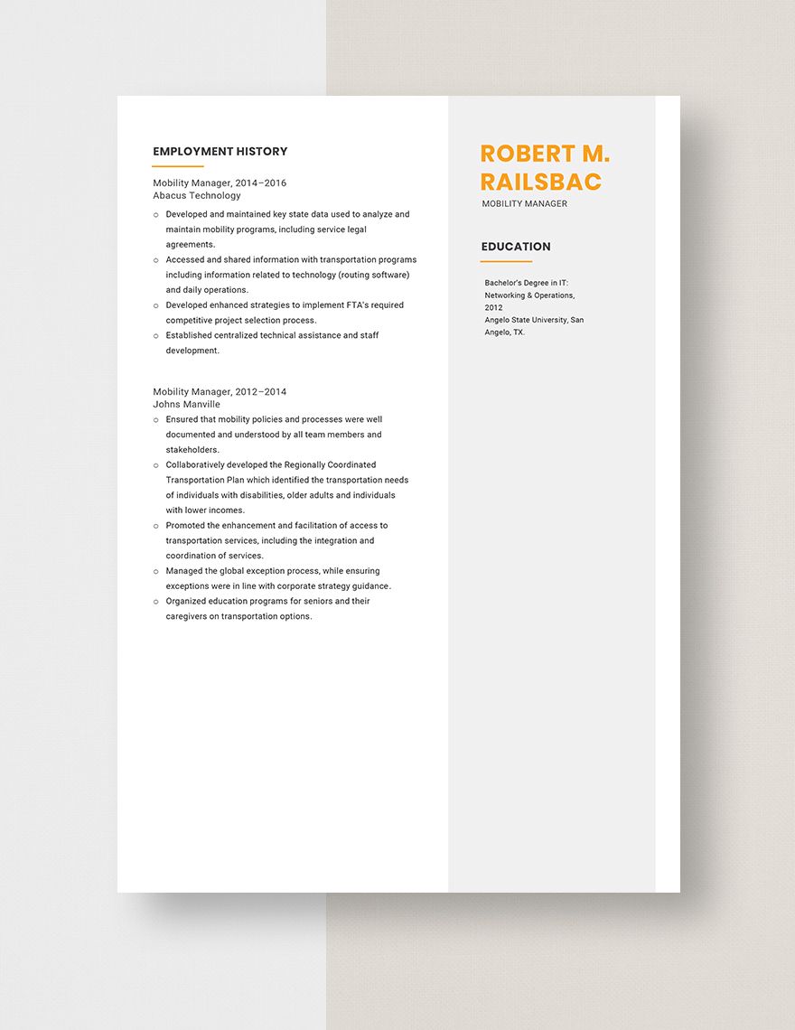 Mobility Manager Resume
