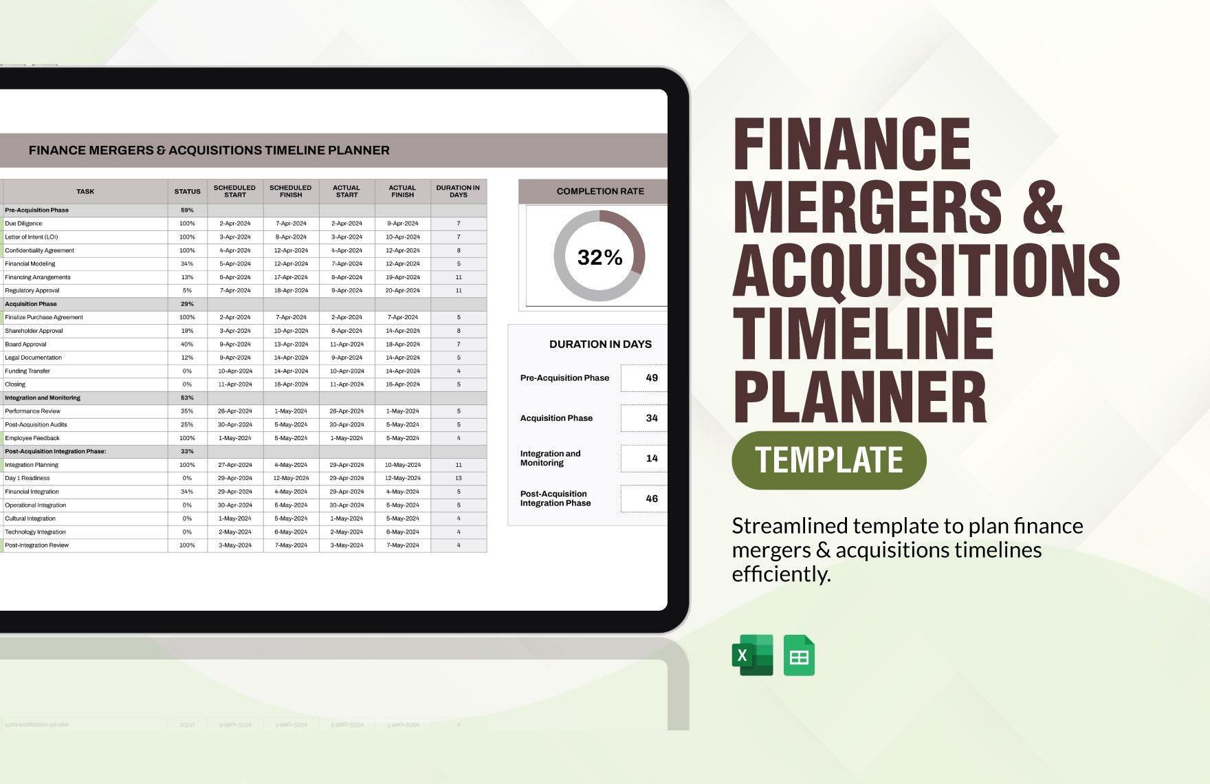 Finance Mergers & Acquisitions Timeline Planner Template in Excel, Google Sheets