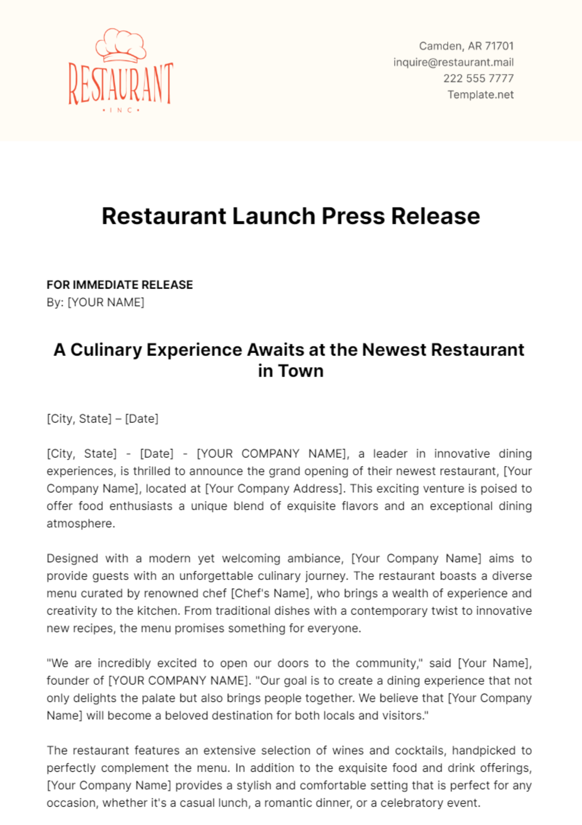 Restaurant Launch Press Release Template - Edit Online & Download