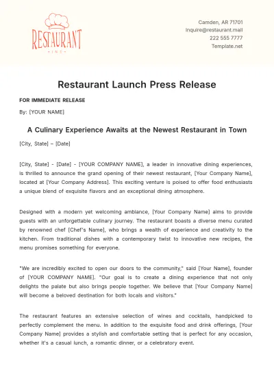 Free Restaurant Launch Press Release Template to Edit Online