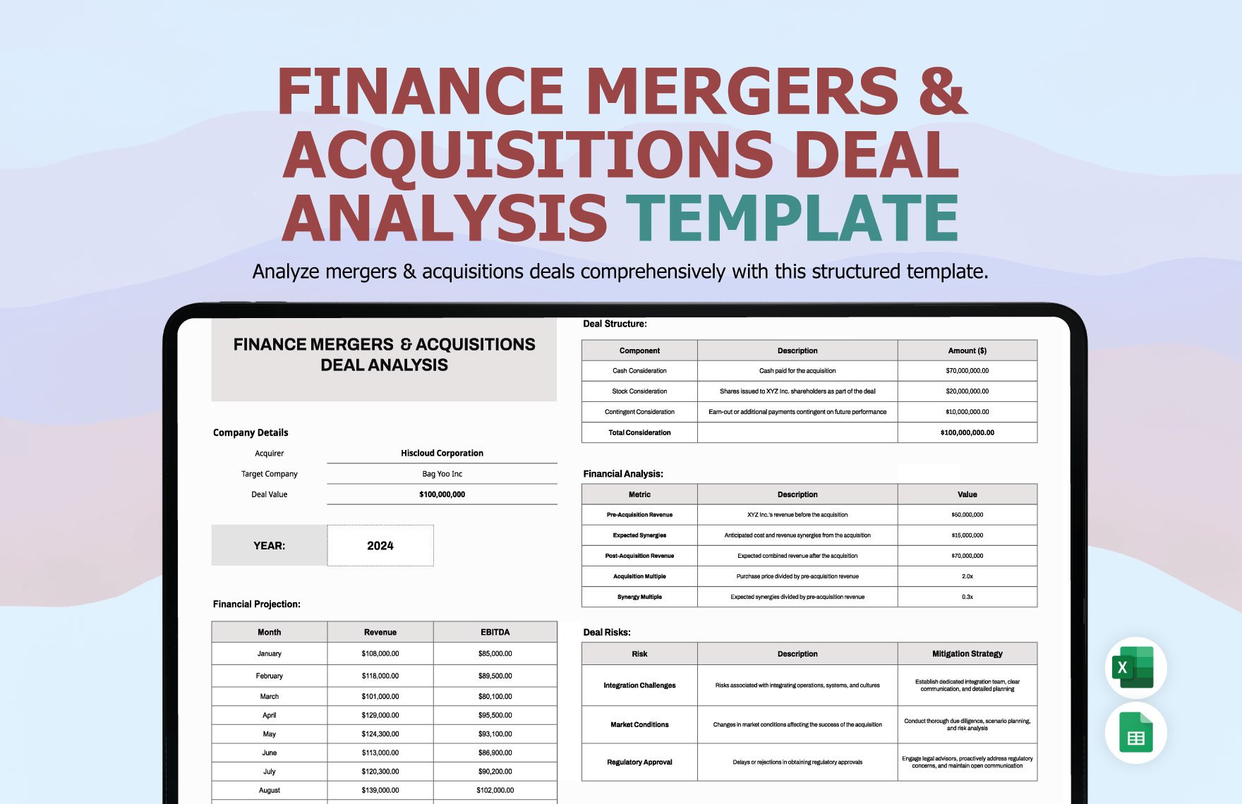 Finance Mergers & Acquisitions Deal Analysis Template in Excel, Google Sheets