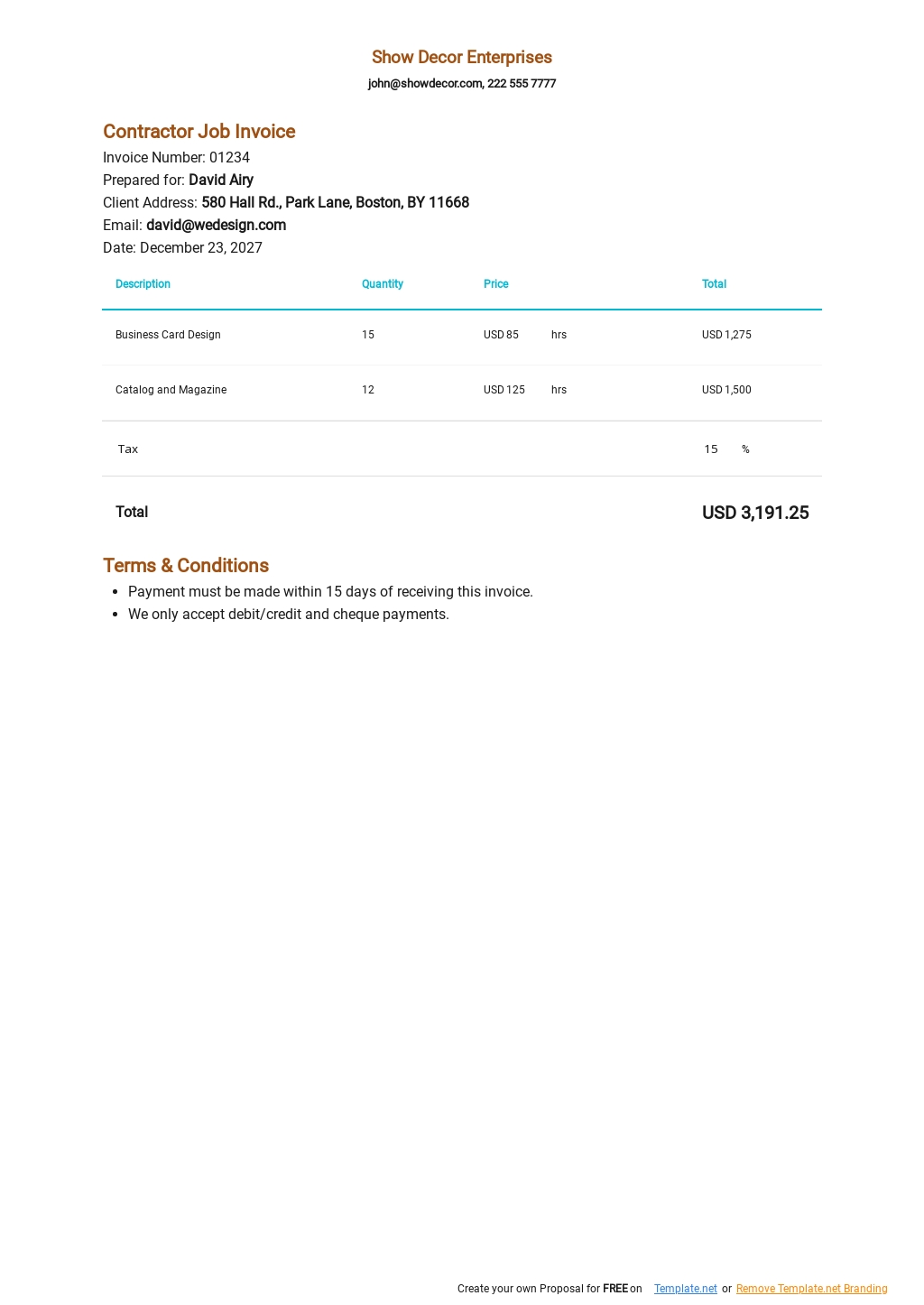Jobber Invoice Example Contractor Job Invoice Template