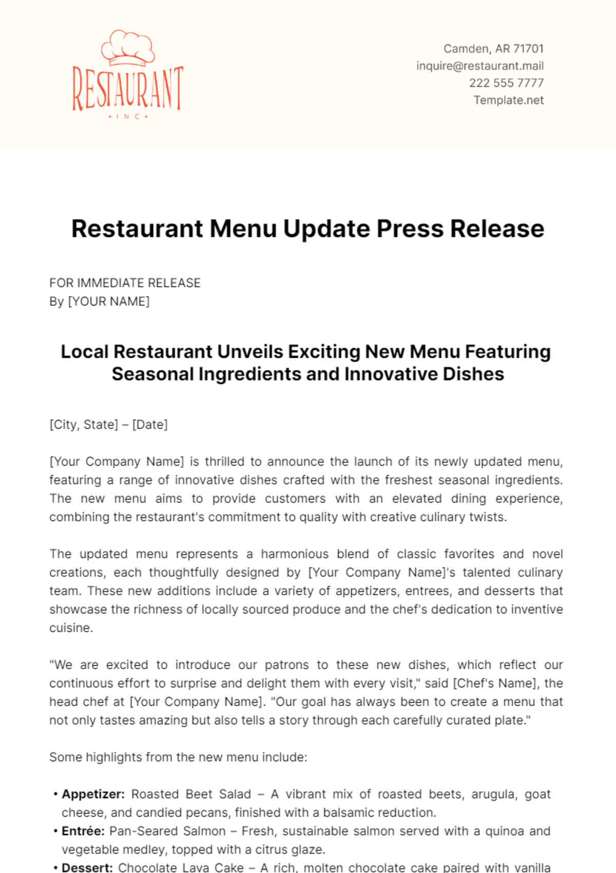 Restaurant Menu Update Press Release Template - Edit Online & Download