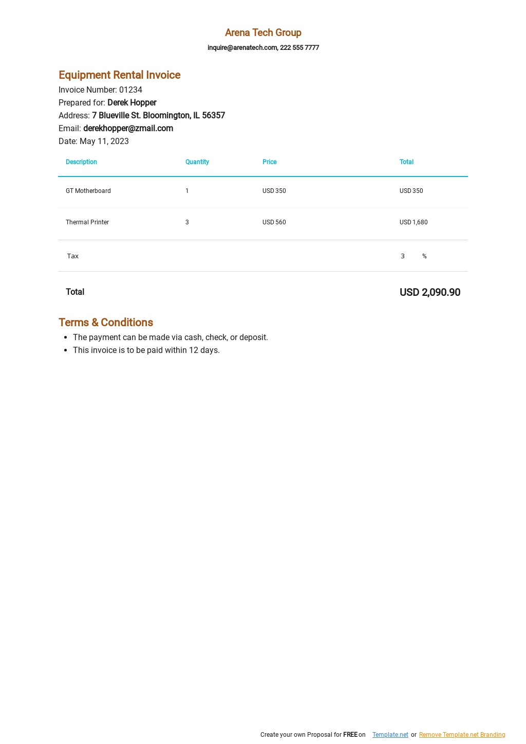 simple invoices format for renting equipment