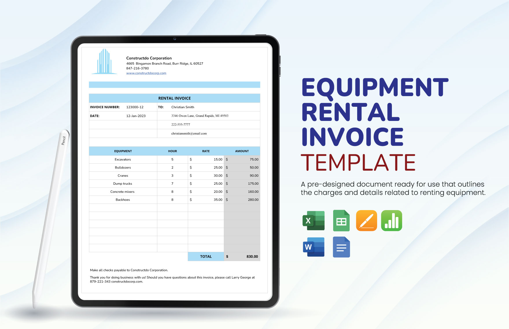 Equipment Rental Invoice Template in Word, Google Docs, Excel, Google Sheets, Apple Pages, Apple Numbers