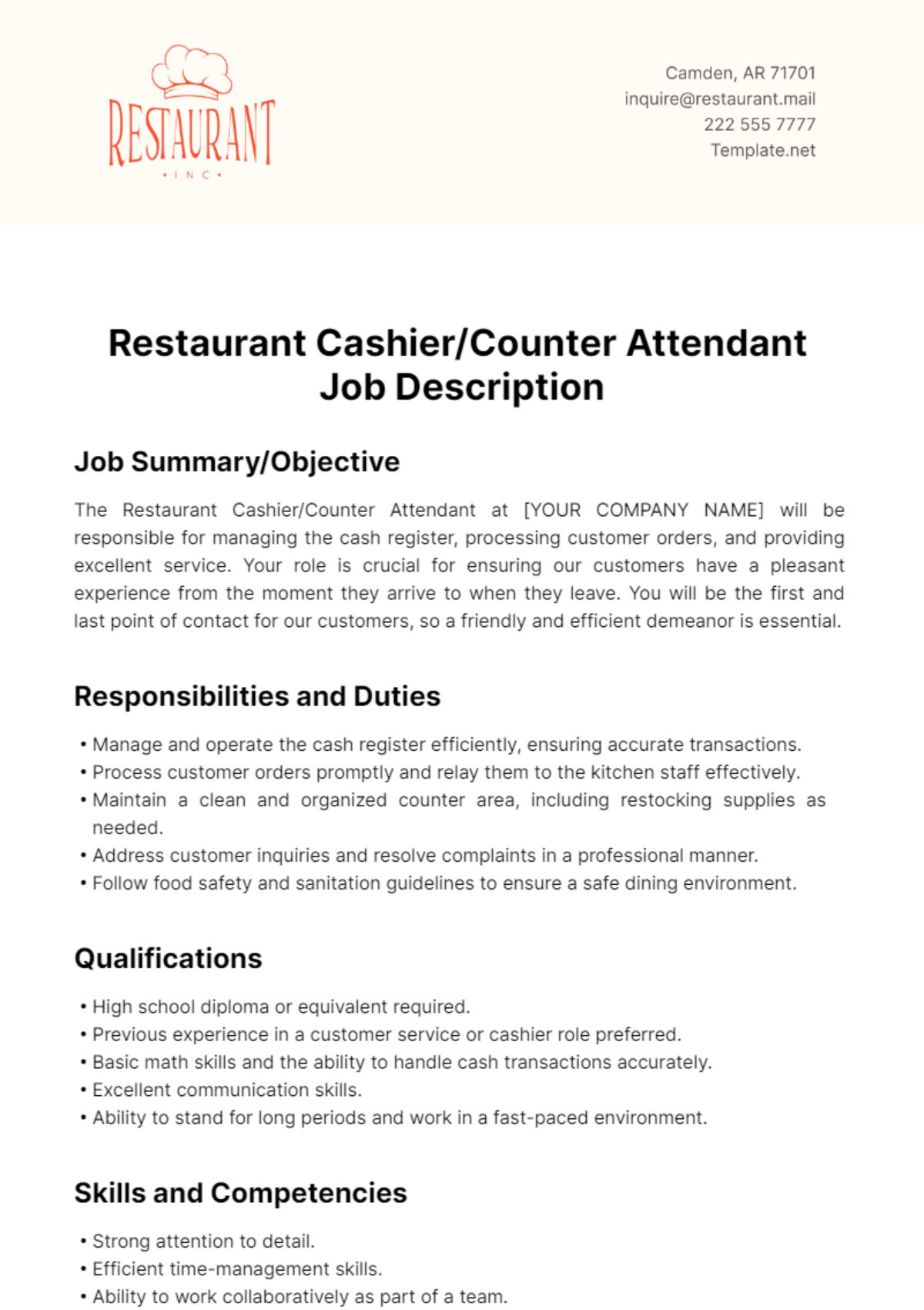 Restaurant Cashier/Counter Attendant Job Description Template - Edit Online & Download