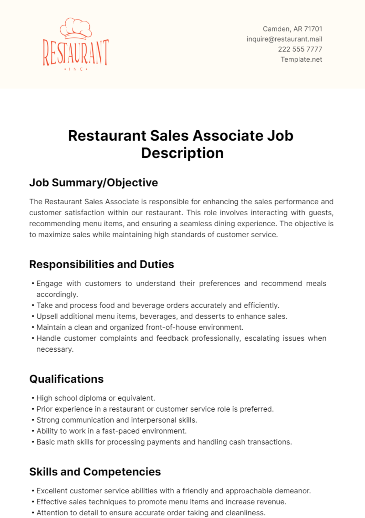 Restaurant Sales Associate Job Description Template - Edit Online & Download