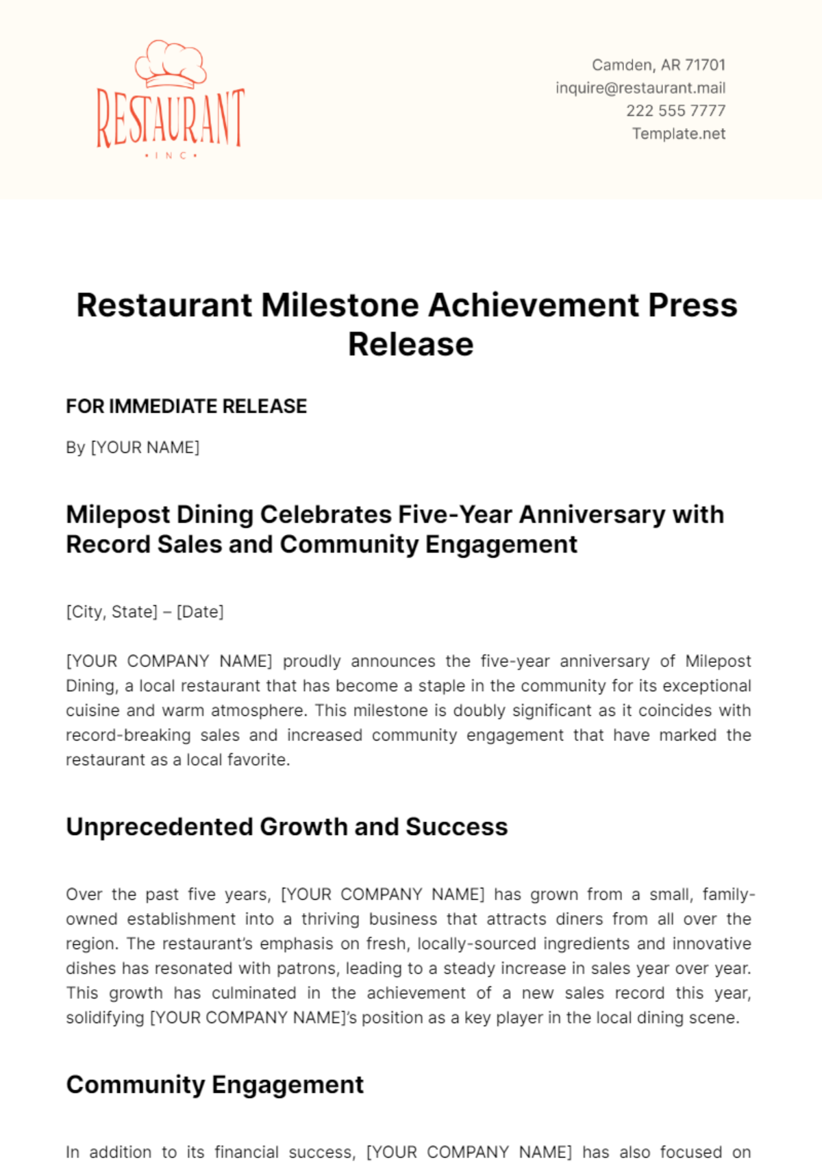 Restaurant Milestone Achievement Press Release Template - Edit Online & Download