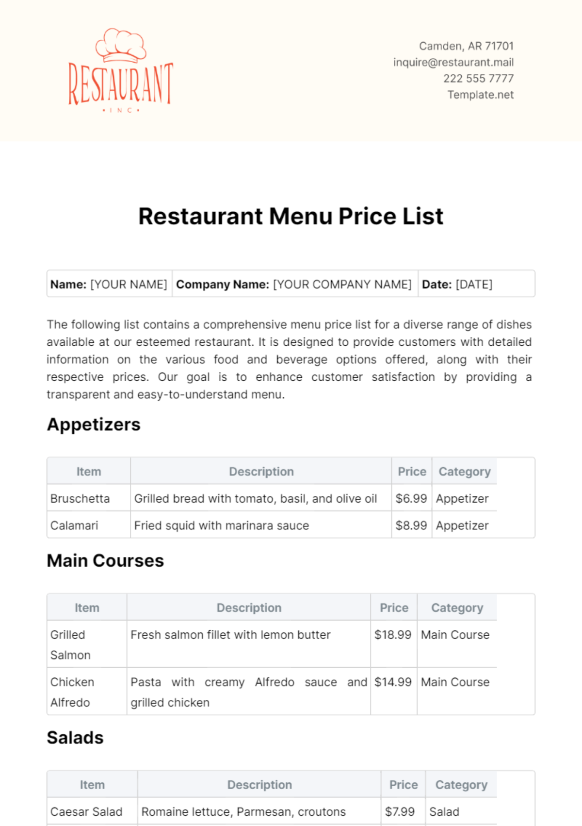 Restaurant Menu Price List Template - Edit Online & Download