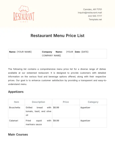 Free Restaurant Menu Price List Template to Edit Online