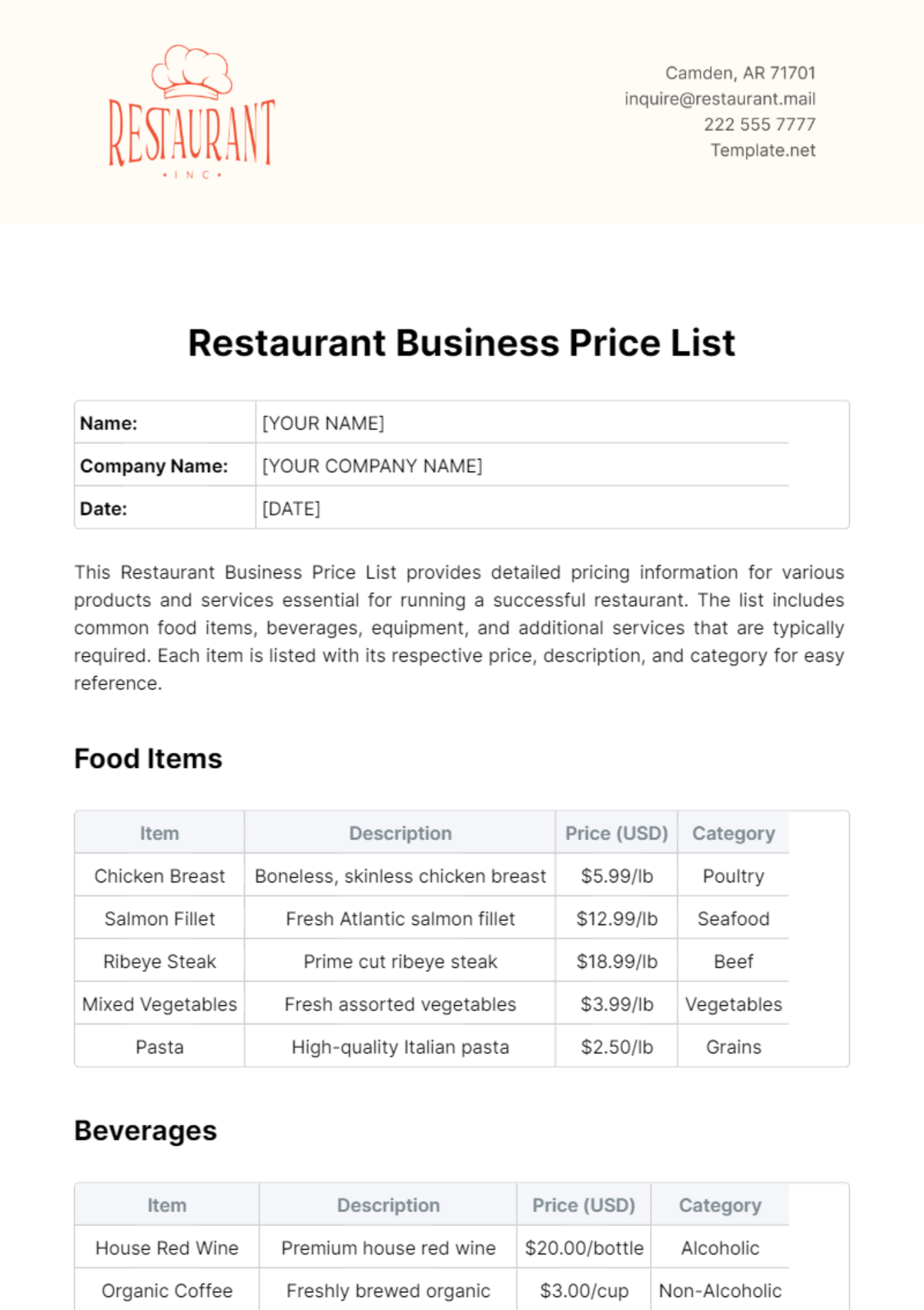 Restaurant Business Price List Template - Edit Online & Download