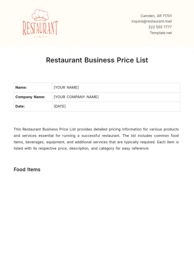 Free Restaurant Business Price List Template to Edit Online
