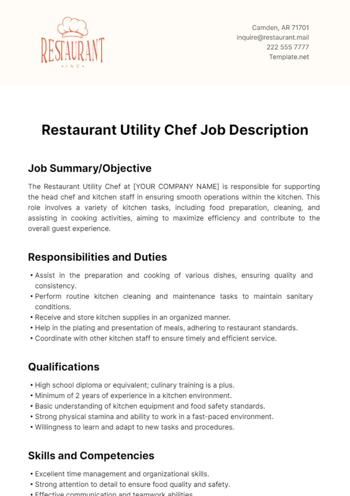 Restaurant Utility Chef Job Description Template - Edit Online & Download