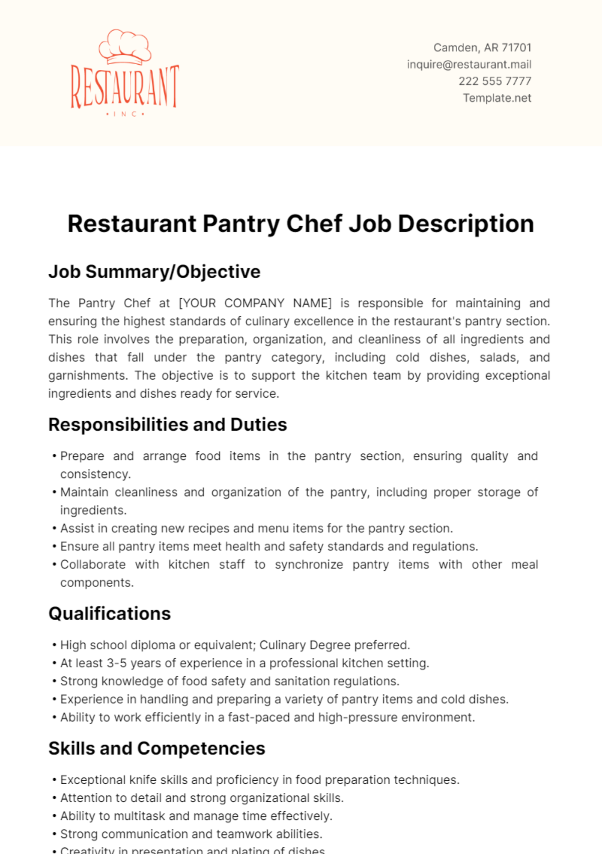 Restaurant Pantry Chef Job Description Template - Edit Online & Download