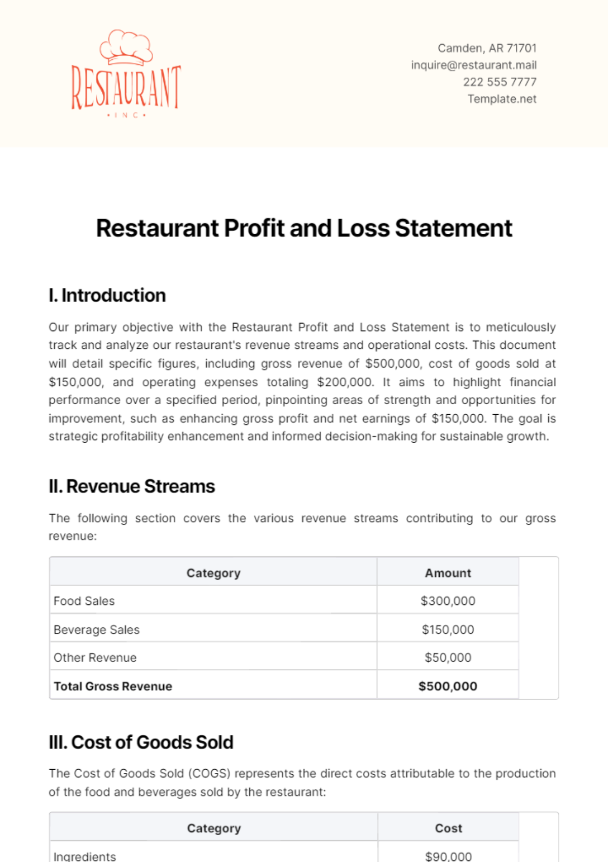 Restaurant Profit and Loss Statement Template - Edit Online & Download