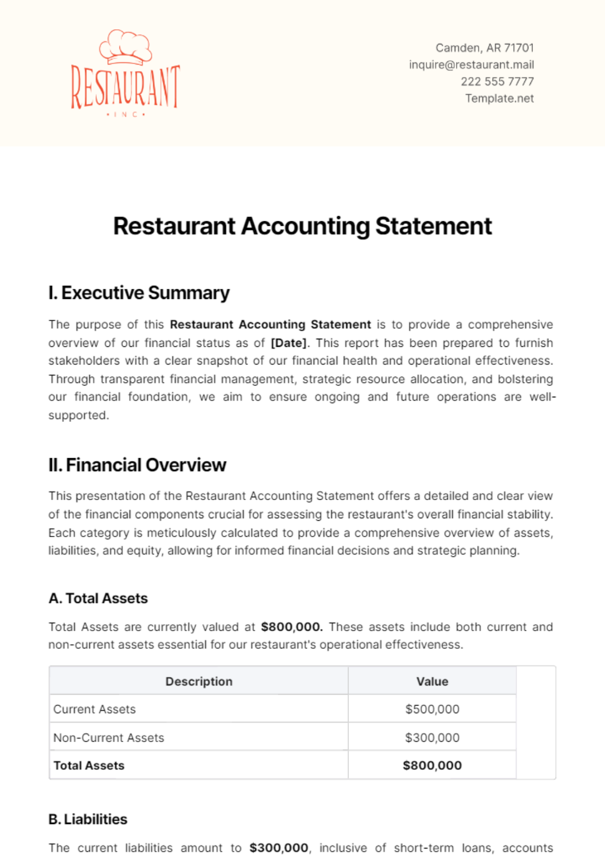 Restaurant Accounting Statement Template - Edit Online & Download