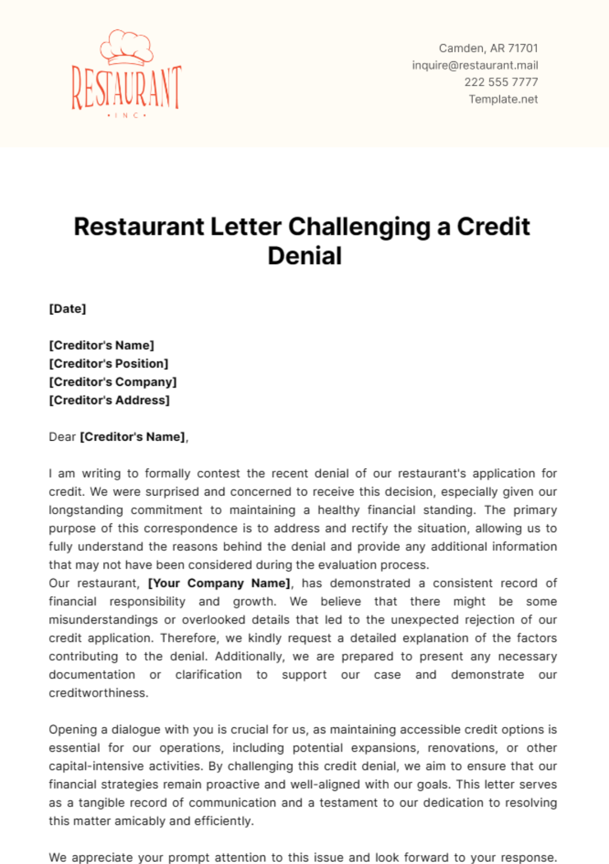 Restaurant Letter Challenging a Credit Denial Template - Edit Online & Download