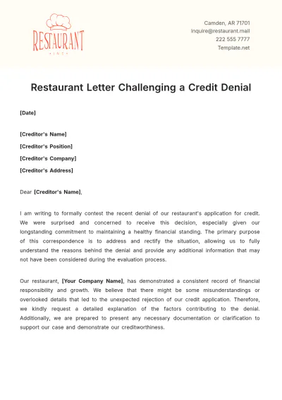 Free Restaurant Letter Challenging a Credit Denial Template to Edit Online