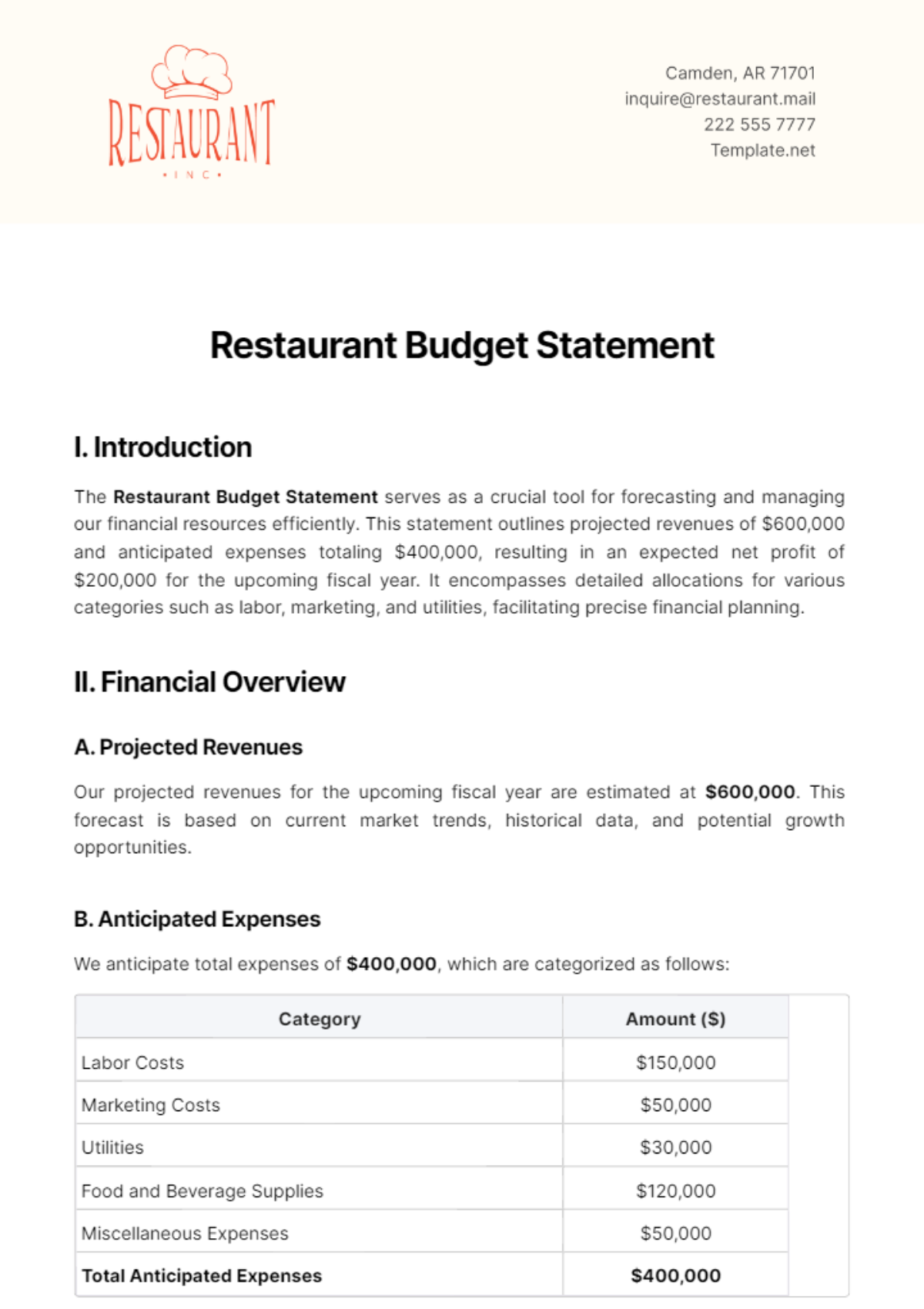 Restaurant Budget Statement Template - Edit Online & Download