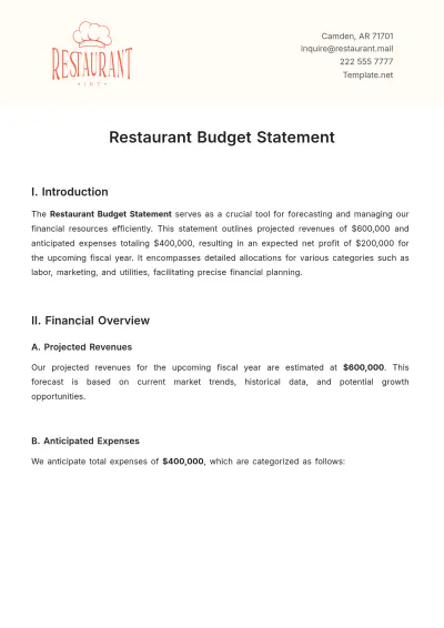 Free Restaurant Budget Statement Template to Edit Online