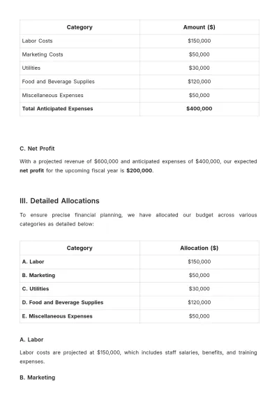 Free Restaurant Budget Statement Template to Edit Online