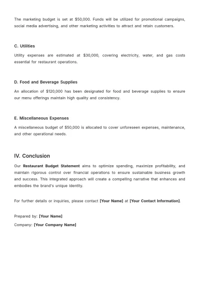 Free Restaurant Budget Statement Template to Edit Online