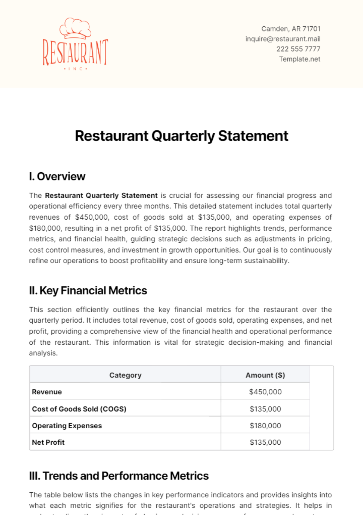 Restaurant Quarterly Statement Template - Edit Online & Download