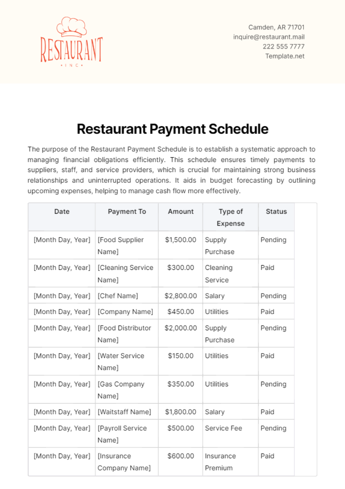 Restaurant Payment Schedule Template - Edit Online & Download