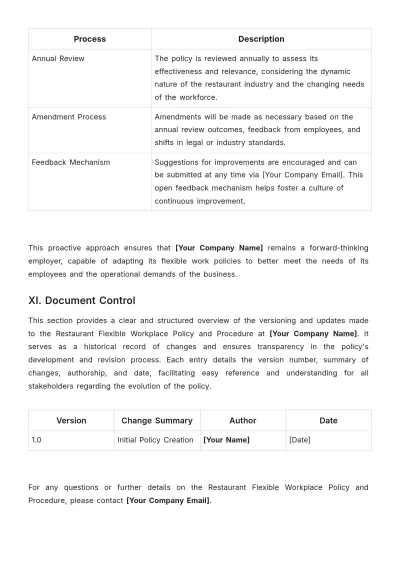 Free Restaurant Flexible Workplace Policy and Procedure Template to Edit Online