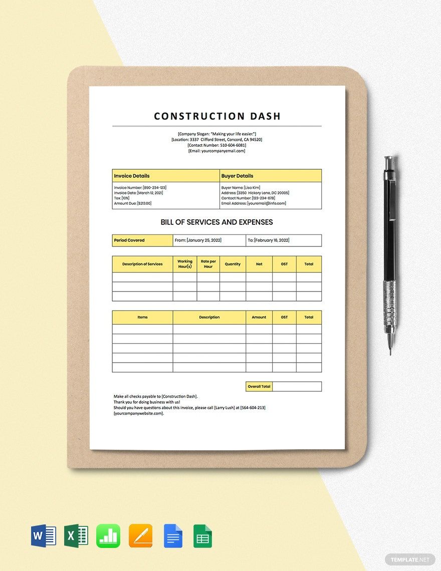 Construction Billing Invoice in Google Sheets, Google Docs, Apple Numbers, Word, Excel, Pages - Download | Template.net