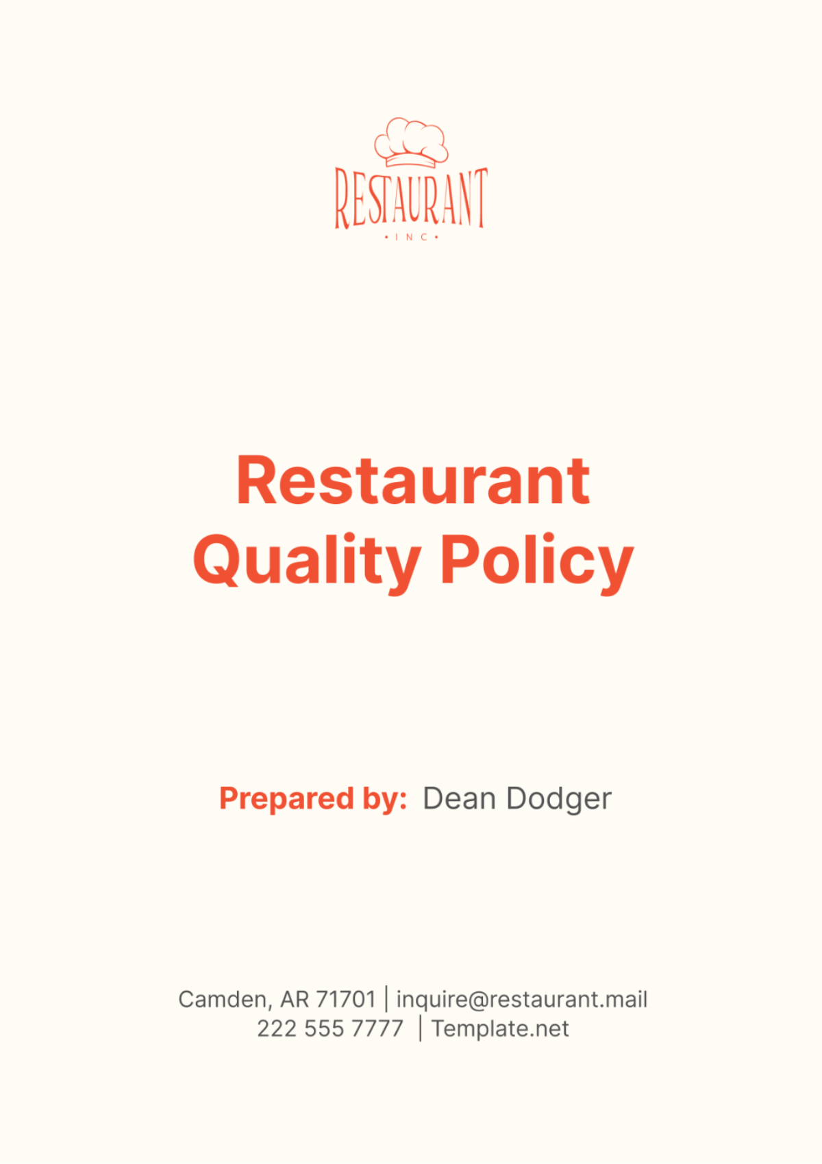 Restaurant Quality Policy Template - Edit Online & Download