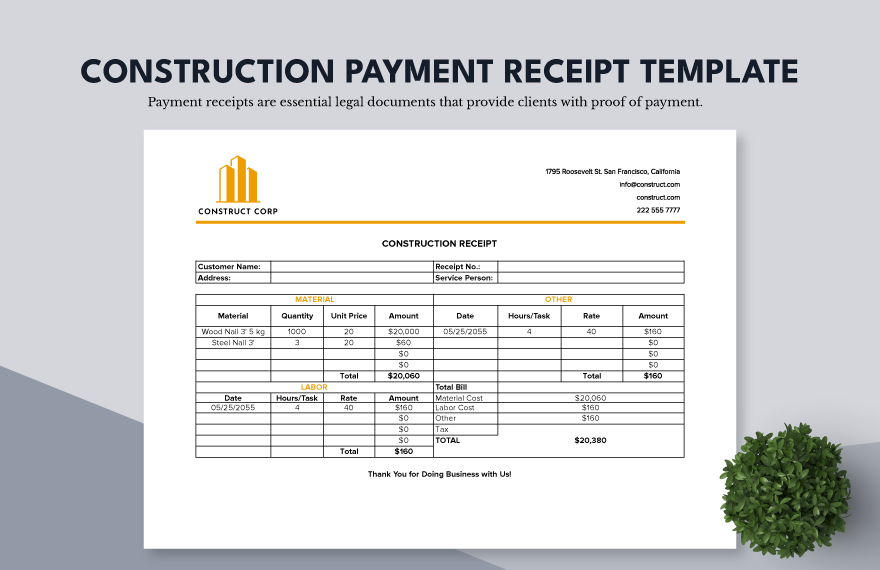 Construction Payment Receipt Template in Word, Google Docs, Excel, Google Sheets, Apple Pages, Apple Numbers